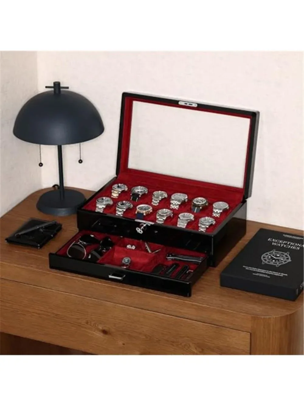 12-Slot Piano Black Watch Box with Valet Drawer - Premium Jewelry